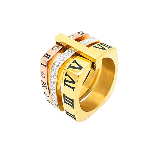 PAMTIER Damen Edelstahlring Quadratisch Style mit Römischen Ziffern aus Zirkonia 3 in 1 Ring Rose + Gold Größe 65 (20.7) von PAMTIER