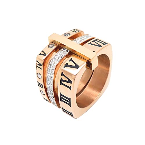 PAMTIER Damen Edelstahlring Quadratisch Style mit Römischen Ziffern aus Zirkonia 3 in 1 Ring Roségold Größe 62 (19.7) von PAMTIER