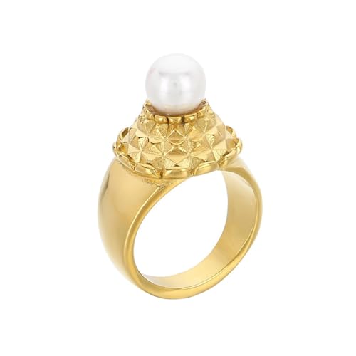 PAMTIER Damen Edelstahlring mit minimalistischem eleganzen Design simuliertem Perlmutt und Muschelmuster Gold Größe 54(17.2) von PAMTIER
