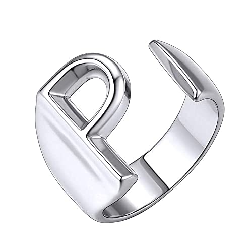 PAMTIER Damen Herren Anfangsbuchstaben Ring Stapelbarer Alphabet Offener Ring Einstellbar A-Z 26 Buchstaben Silber P von PAMTIER