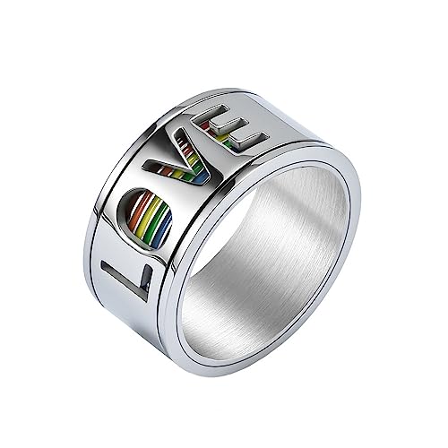 PAMTIER Damen Herren Rotatabe Liebe Paar Ring für Edelstahl Regenbogen Band Ring Weiß Größe 60 (19.1) von PAMTIER