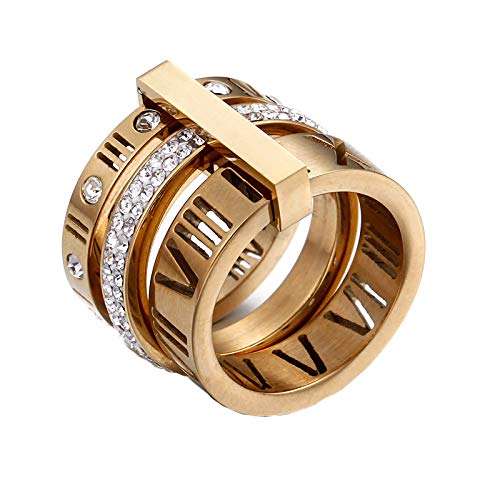 PAMTIER Damen Römische Ziffern 3 in 1 Ring aus Edelstahl mit Zirkonia Gold Größe 57 (18.1) von PAMTIER