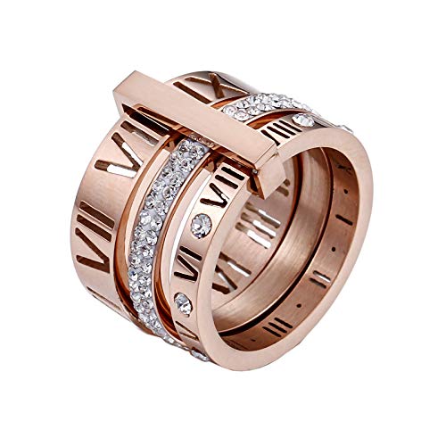 PAMTIER Damen Römische Ziffern 3 in 1 Ring aus Edelstahl mit Zirkonia Roségold Größe 49 (15.6) von PAMTIER