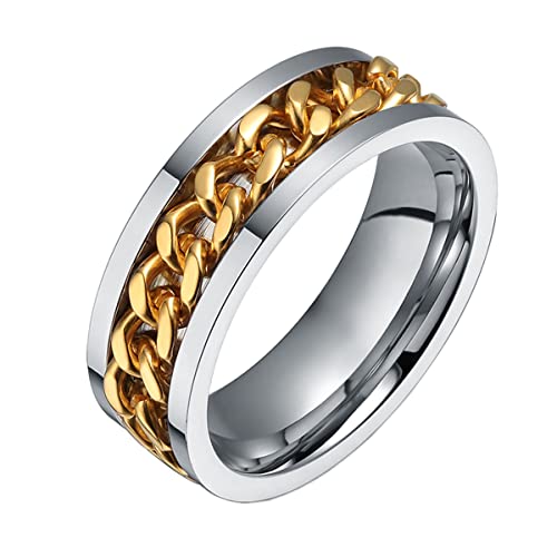 PAMTIER Edelstahlkette Drehbarer Ring für Männer Frauen Drehbare Kette Angst Zappeln Bandring Goldkette Silber Größe 52 von PAMTIER