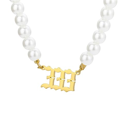 PAMTIER Engelszahl Halskette Damen Perlenkette Choker Kette Gold 333 Anhänger Numerologie Schmuck von PAMTIER