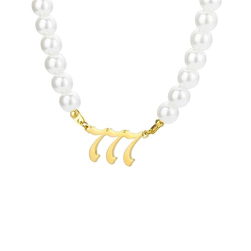 PAMTIER Engelszahl Halskette Damen Perlenkette Choker Kette Gold 777 Anhänger Numerologie Schmuck von PAMTIER
