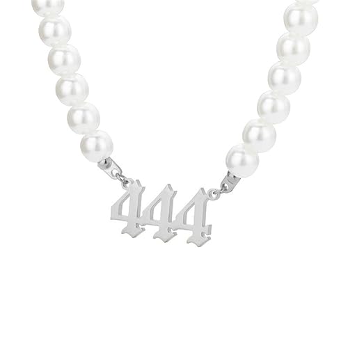 PAMTIER Engelszahl Halskette Damen Perlenkette Choker Kette Silber 444 Anhänger Numerologie Schmuck von PAMTIER