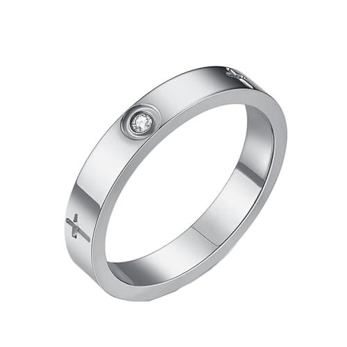 PAMTIER Frauen 4mm Edelstahl Ring Christliches Kreuz Religiöser Ehering mit Zirkonia Statement Ring Silber Größe 54 (17.2) von PAMTIER
