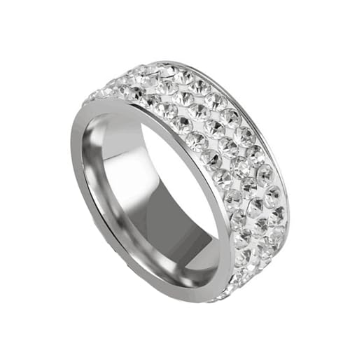 PAMTIER Frauen Edelstahl 8mm Ring Cubic Zirkonia Breite Eternity Statement Ringe CZ Stapelbar Hochzeit Band Versilberter 3 Reihiger Diamant Größe 62 (19.7) von PAMTIER