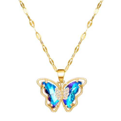 PAMTIER Frauen Edelstahl Schmetterling Halskette Schmetterlinge Anhänger Kette Armband mit Zirkon Edelstein Gold Plattiert Blau von PAMTIER