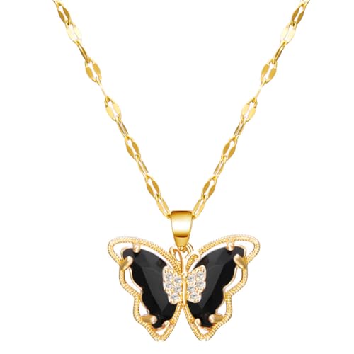 PAMTIER Frauen Edelstahl Schmetterling Halskette Schmetterlinge Anhänger Kette Armband mit Zirkon Edelstein Gold Plattiert Schwarz von PAMTIER