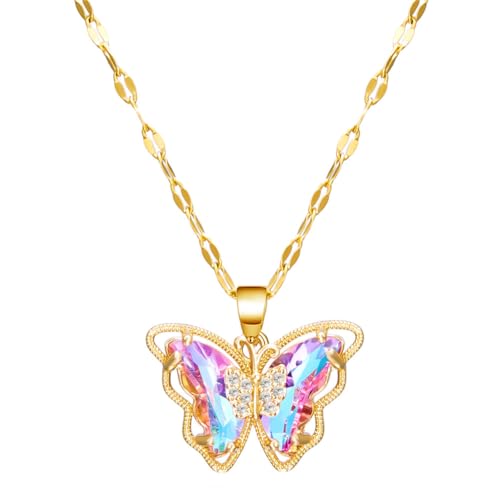 PAMTIER Frauen Edelstahl Schmetterling Halskette Schmetterlinge Anhänger Kette Armband mit Zirkon Edelstein Gold Plattiert Violett von PAMTIER