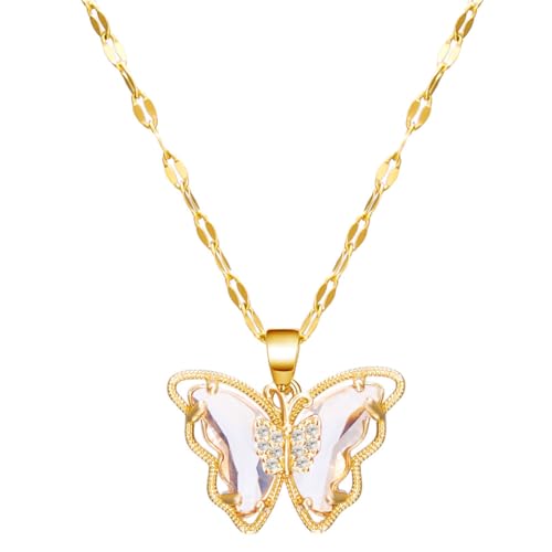 PAMTIER Frauen Edelstahl Schmetterling Halskette Schmetterlinge Anhänger Kette Armband mit Zirkon Edelstein Gold Plattiert Weiß von PAMTIER