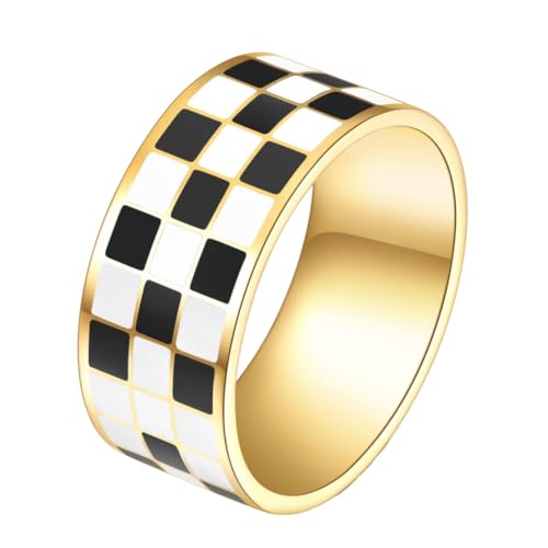 PAMTIER Frauen Edelstahl Schwarz Weiß Schachbrett Ringe 10mm Poliert Paar ErkläRung Band Gold 54 (17.2) von PAMTIER