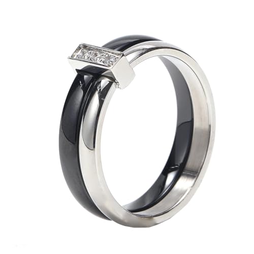 PAMTIER Frauen Keramik Ring Stapelbar Ringe Polierte Keramik mit Edelstahl Zirkonia Patchwork Hochzeit Band Schwarz Silber 52 (16.6) von PAMTIER