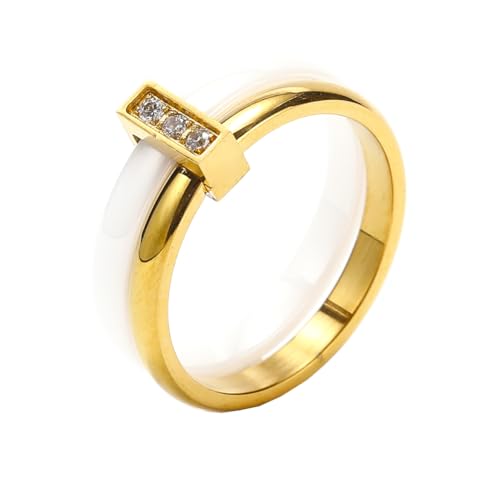 PAMTIER Frauen Keramik Ring Stapelbar Ringe Polierte Keramik mit Edelstahl Zirkonia Patchwork Hochzeit Band Weiß Gold 52 (16.6) von PAMTIER