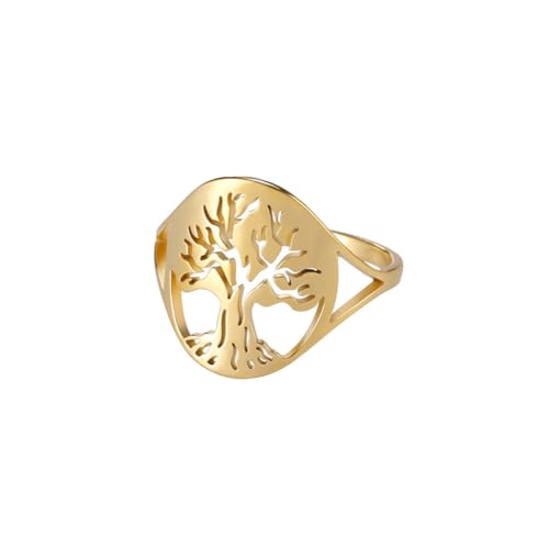 PAMTIER Frauen Männer Edelstahl Ring Runde Cut-Out Baum des Lebens Symbol Erklärung Ringe Schmuck Geschenk Gold 54 (17.2) von PAMTIER