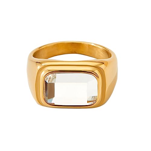 PAMTIER Gold Pinky Ring Damen Siegel Statement Ringe aus Edelstahl mit Großem CZ Edelstein Quadratisch Weiß Größe 60 von PAMTIER