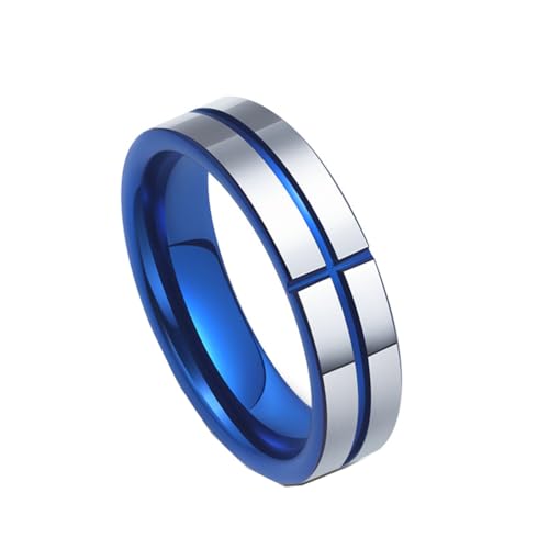 PAMTIER Herren 6mm Wolframkarbid Ring Klassische Eheringe Christliche Rillen Kreuz Linie Verlobungsring Blau Silber Größe 60 (19.1) von PAMTIER