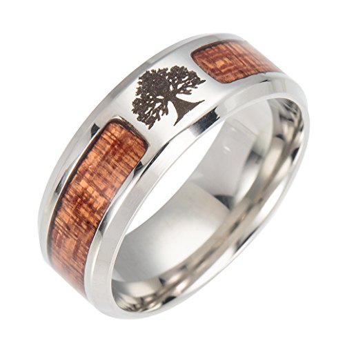 PAMTIER Herren 8MM Baum des Lebens Intarsien Holz Edelstahl Bandring Größe 62 (19.7) von PAMTIER