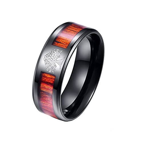 PAMTIER Herren 8MM Baum des Lebens Intarsien Holz Edelstahl Bandring Schwarz Größe 72 (22.9) von PAMTIER