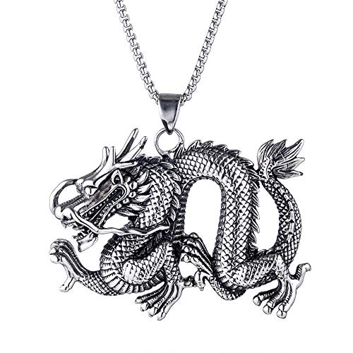 PAMTIER Herren Chinesischer Drache Anhänger mit Ketten aus Edelstahl Silber Schwarz von PAMTIER