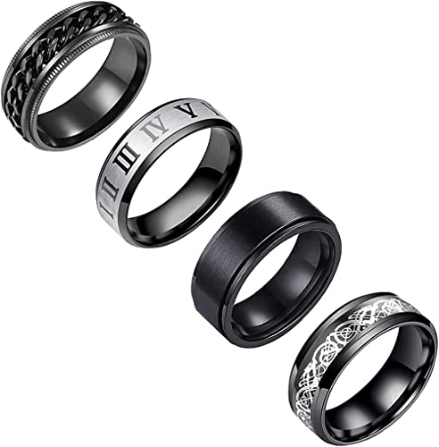 PAMTIER Herren Damen 4Pcs Stacking Ring Set Edelstahl Schwarz Stapelbarer Fingerknöchelring Band Hochzeit Versprechen Stil 2 Größe 68 (21.6) von PAMTIER
