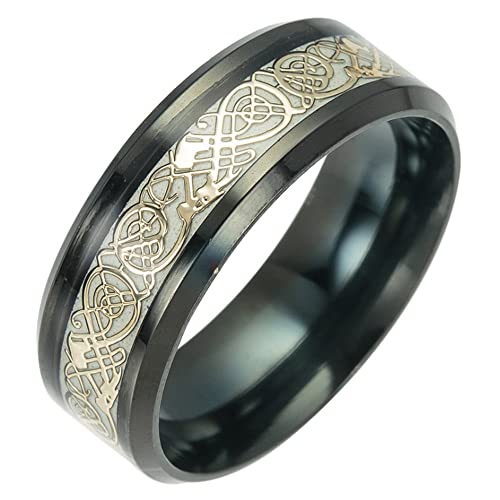 PAMTIER Herren Damen Drachen Ring Edelstahl Kohlefaser Keltischer Drachen Muster Ehering Ring Gold Dargon Leuchtendes Schwarz Größe 52 (16.6) von PAMTIER