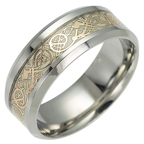 PAMTIER Herren Damen Drachen Ring Edelstahl Kohlefaser Keltischer Drachen Muster Ehering Ring Gold Dargon Leuchtendes Silber Größe 60 (19.1) von PAMTIER