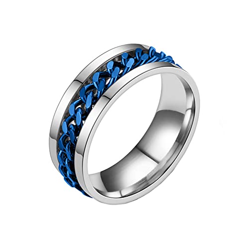 PAMTIER Herren Damen Drehbarer Ring Edelstahl 8MM Stress abbauen Bandring Blaue Kette Silber Größe 68 (21.6) von PAMTIER