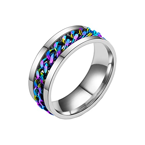 PAMTIER Herren Damen Drehbarer Ring Edelstahl 8MM Stress abbauen Bandring Regenbogenkette Silber Größe 52 (16.6) von PAMTIER