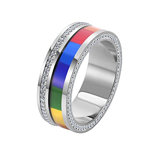 PAMTIER Herren Damen Edelstahl LGBT Pride Flag Regenbogen Ring mit Zirkonia Versprechen Ehering Drehbar Silber Größe 54 von PAMTIER