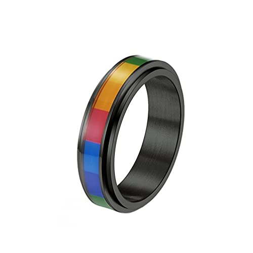 PAMTIER Herren Damen Edelstahl Regenbogen Spinner Ring LGBT Pride Flag Ringe für Homosexuell Lesben Schwarz Größe 54 von PAMTIER