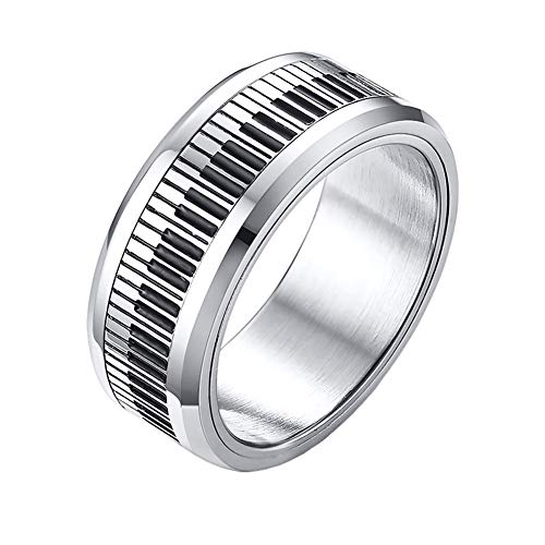 PAMTIER Herren Edelstahl 8mm Schwarz und Weiß Klavierschlüssel Musik Liebhaber Ring Minimalistisch Spinner Ehering Drehbare Größe 60 von PAMTIER