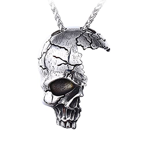 PAMTIER Herren Edelstahl Cool Punk Half Face Schädel Anhänger Halskette Gebrochener Skelettkopf mit Kette von PAMTIER