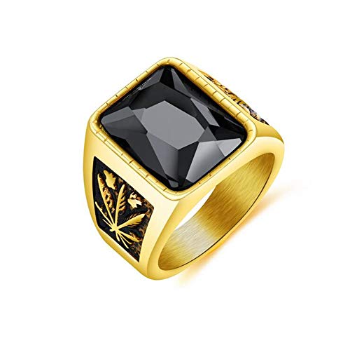 PAMTIER Herren Edelstahl Dominant Kubisch Schwarz Kristall Ring Marihuana Blatt Geschnitzt Gold Plattiert Größe 54 von PAMTIER