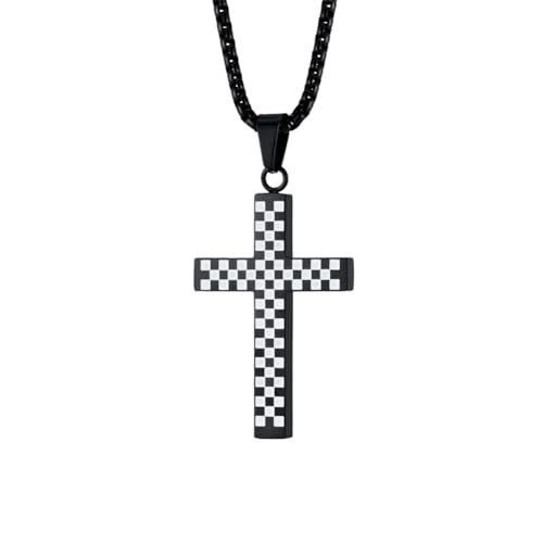 PAMTIER Herren-Edelstahl-Halskette mit schwarz-weißem Schachbrettmuster und Kreuz-Anhänger Schwarz ohne Kette von PAMTIER