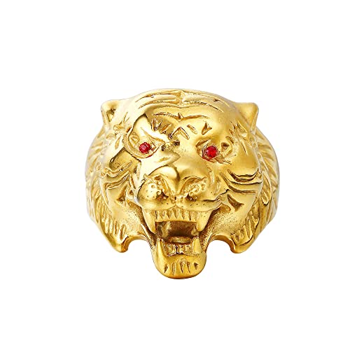 PAMTIER Herren Edelstahl Jahrgang Gotisch Biker Tiger Kopf Ring Band Tierentwurf (Gold Rot(Edelstahl), 68 (21.6)) von PAMTIER