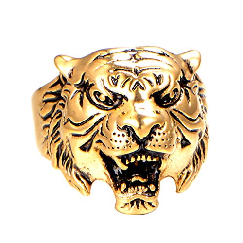 PAMTIER Herren Edelstahl Jahrgang Gotisch Biker Tiger Kopf Ring Band Tierentwurf Gold Schwarz Größe 57 (18.1) von PAMTIER