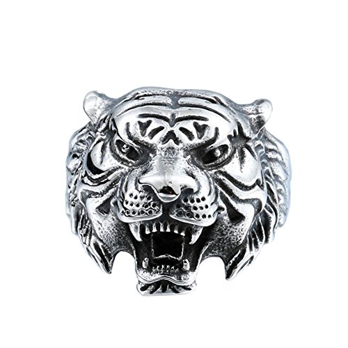 PAMTIER Herren Edelstahl Jahrgang Gotisch Biker Tiger Kopf Ring Band Tierentwurf Schwarz Silber Größe 66 (21.0) von PAMTIER