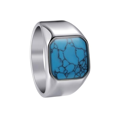 PAMTIER Herren Edelstahl Personalisiert Vintage Simuliert Blau Türkis Trend Ring Silber Größe 57 (18.1) von PAMTIER