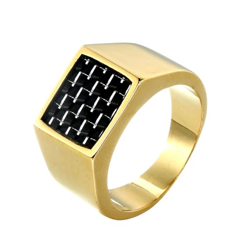 PAMTIER Herren Edelstahl Retro Quadratischer Ring mit Kohlefaser Inlay Punk Cooler Schmuck Gold Größe 54 (17.2) von PAMTIER