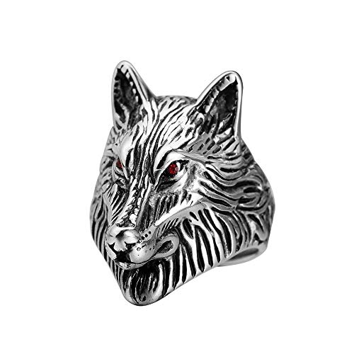 PAMTIER Herren Edelstahl Retro Rocker Rotaugenwolf Ring Silber Größe 62 (19.7) von PAMTIER