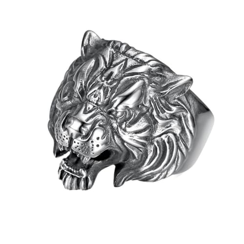 PAMTIER Herren Edelstahl Ringe Tiger Kopf Ring Vintage Gothic Tribal Biker Punk Rock Tier Ringe Geschenk mit Tier Design Retro Silber Größe 70 (22.3) von PAMTIER
