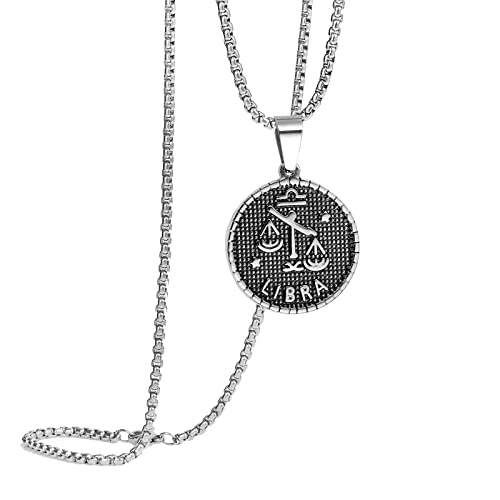 PAMTIER Herren Edelstahl Runde Münze Konstellation Halskette Sternzeichen Horoskop Anhänger mit Kette Silber Schwarz Waage von PAMTIER