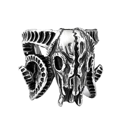 PAMTIER Herren Edelstahl Widder Totenkopf Horn Ring Ghost Statament Cool Silber Schwarz Schmuck Größe 60 von PAMTIER