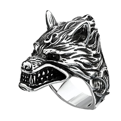 PAMTIER Herren Retro Wolf Kopf Edelstahl Ring Größe 60 von PAMTIER