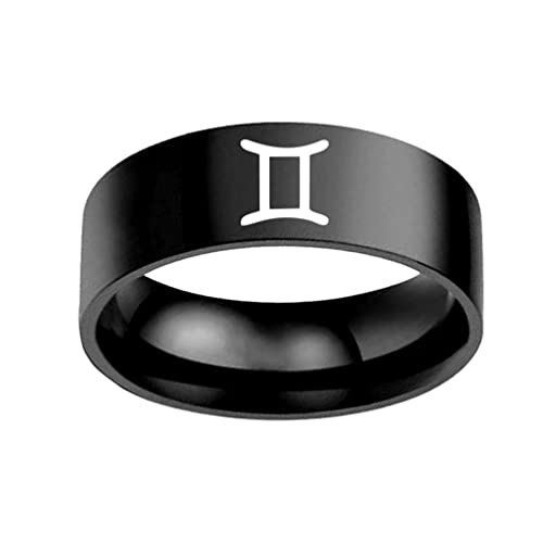 PAMTIER Herren Ring aus Edelstahl mit 12 Konstellationen 8mm Ehering Horoskop Tierkreiszeichen Einfach Zwillinge Schwarz Größe 70 von PAMTIER