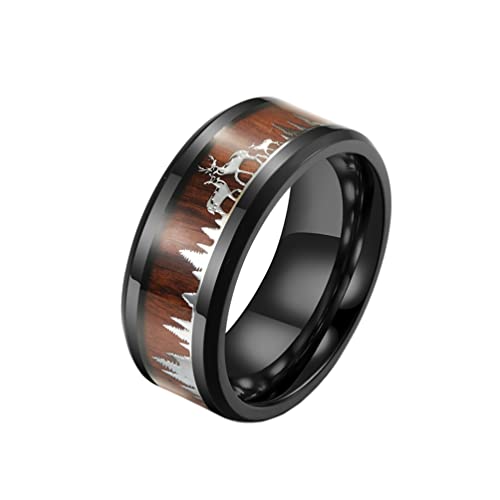 PAMTIER Herren Ring aus Wolframholz In Schwarz Mit Waldhirsch Familien Design Comfort Fit Ehering 8Mm Silber Größe 65 von PAMTIER