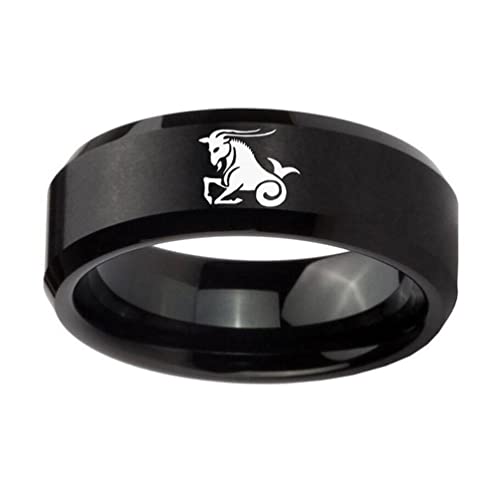 PAMTIER Herren Sternzeichen Ring Schwarz 8mm Ehering Horoskop Tierkreiszeichen Einfach Steinbock Größe 68 von PAMTIER